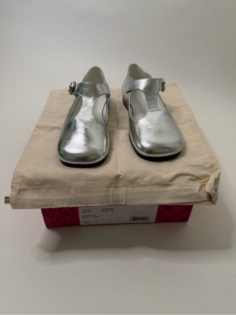 Tory Burch Violet T-Strap Mary Jane Silver Metallic Flats Size 8 - Picture 10 of 11